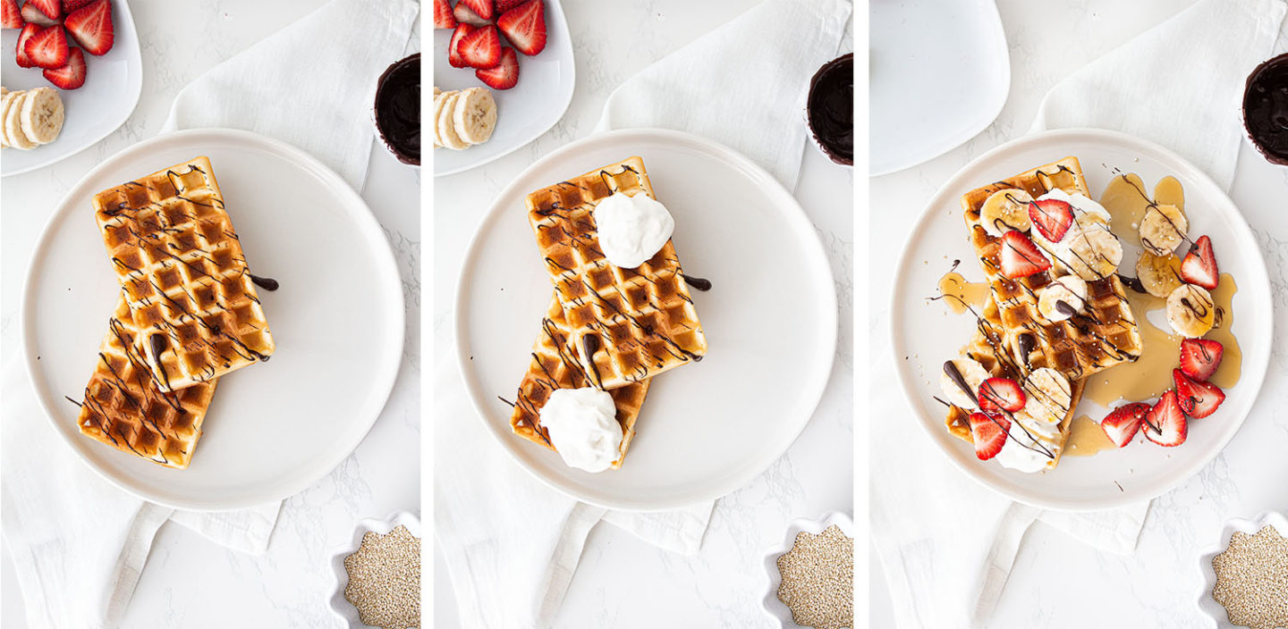 Eierlikör Waffeln mit Bananenscheiben und Erdbeeren